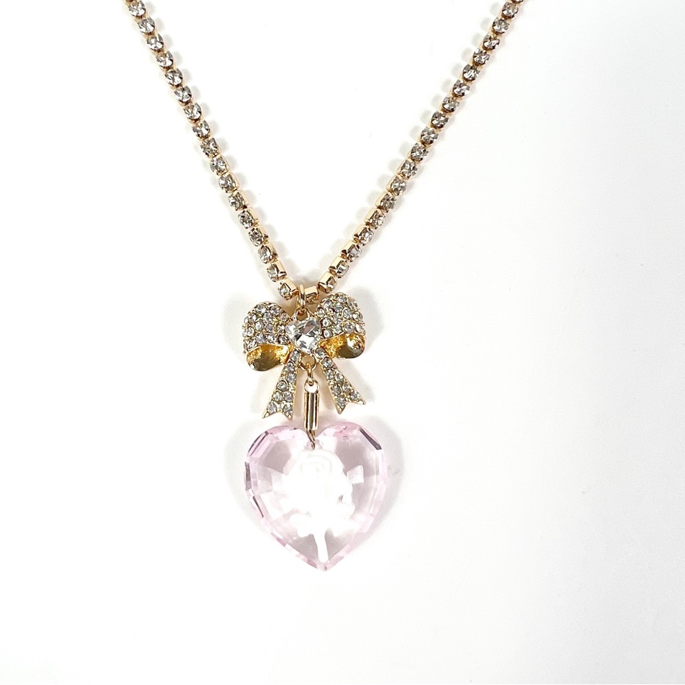 Betsey Johnson Crystal Heart Flower Bow Pendant Necklace NEW - Picture 7 of 7